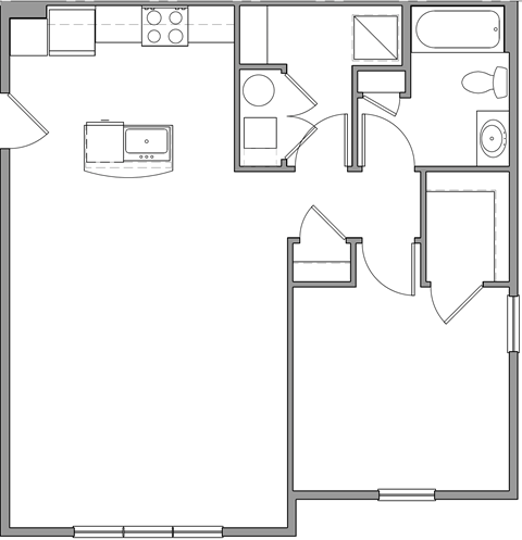 Floor plan for 1 bed, 1 bath, 788 sqft